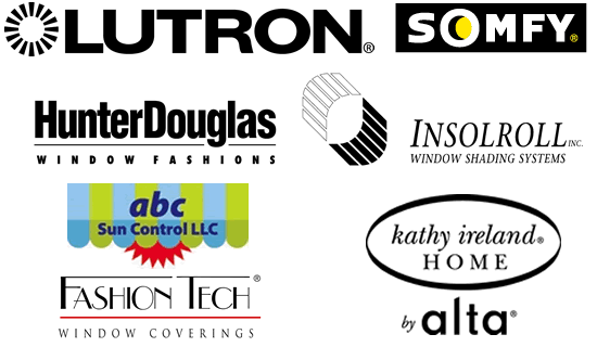 Lutron, Somfy Hunter Douglas, Insolroll, abc Sun Control LLC, Fashion Tech, Kathy Ireland Home by Alta manufacturers logos